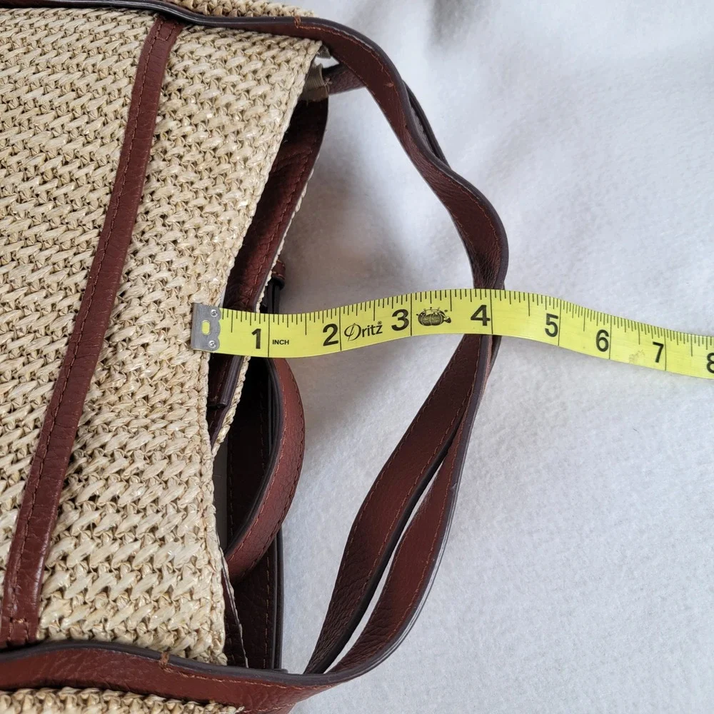 American Leather Co Womens Triple Entry Satchel Raffia Leather Bag Medium Tan